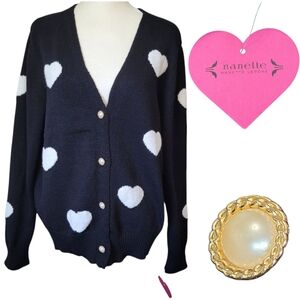 NEW Nanette Lepore Black and White Heart  Cardigan Sweater Pearl Like Buttons XL